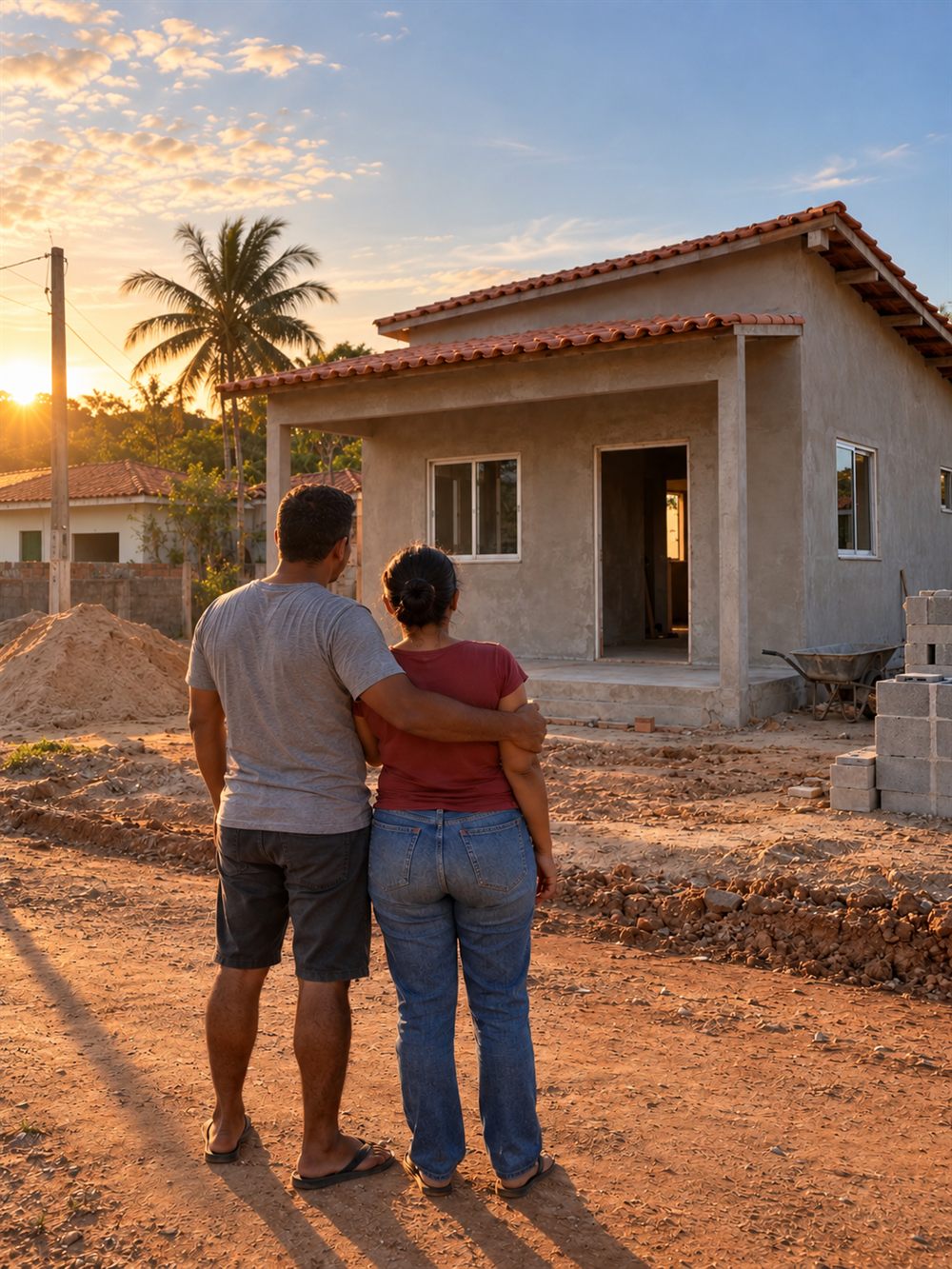 Casal olhando a casa em construção no fim da tarde