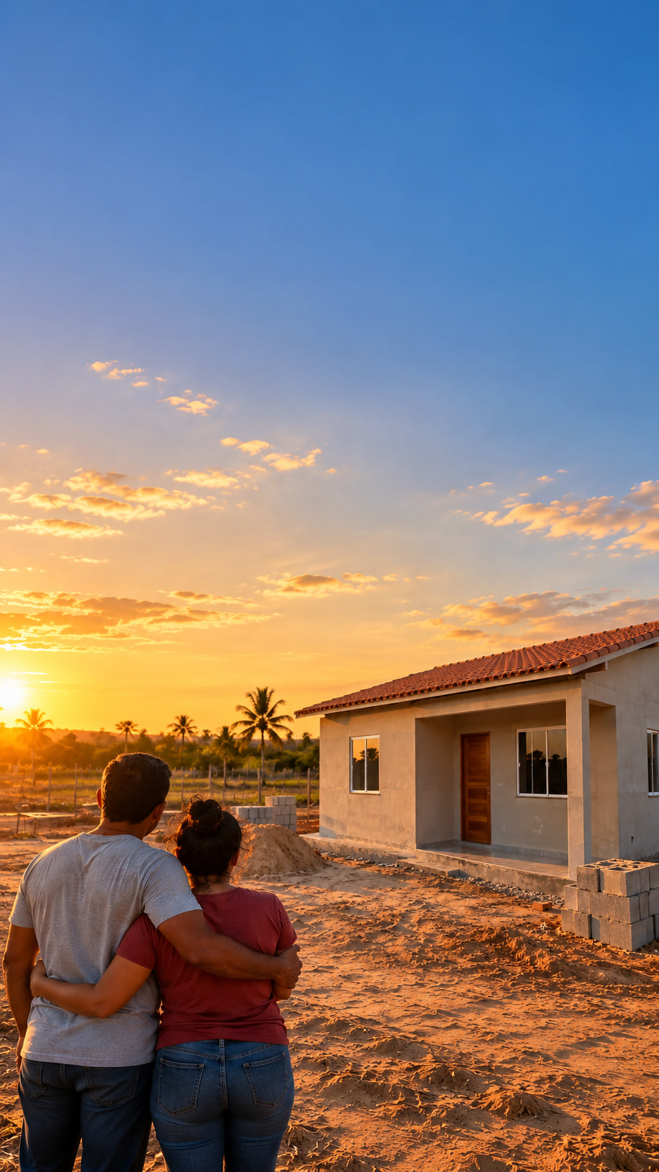 Casal olhando a casa em construção no fim da tarde
